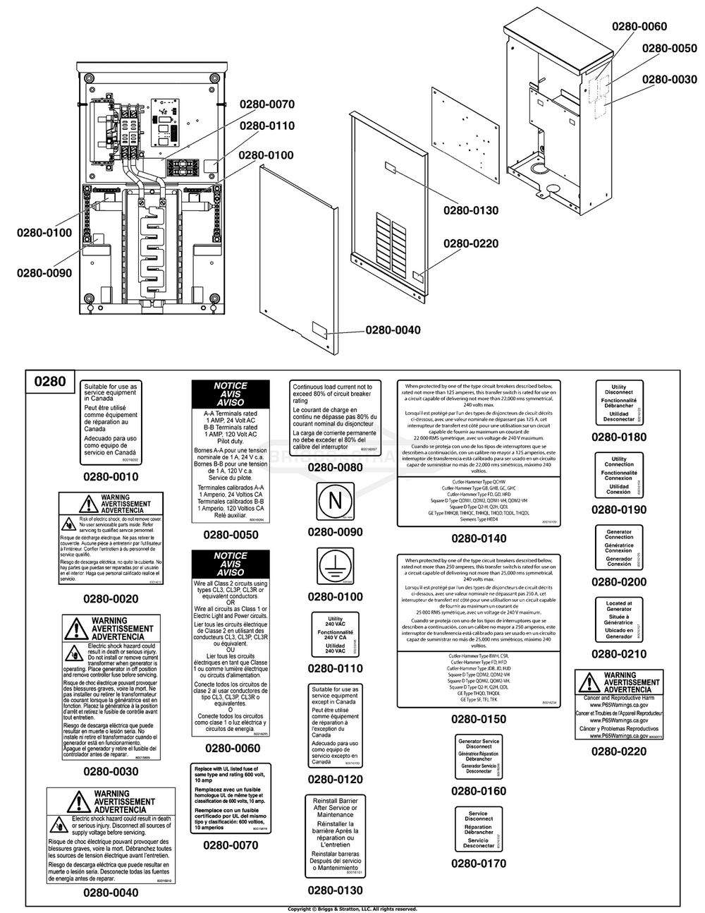 Decals Group - Ats Warning Diagram and Parts List for 040742-00  Briggs and Stratton Generator